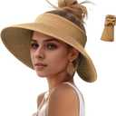 Sun Hats Visor for Women, UV UPF Straw Beach Hat Foldable Wide Brim Ponytail Summer Hats Packable Travel (Khaki)