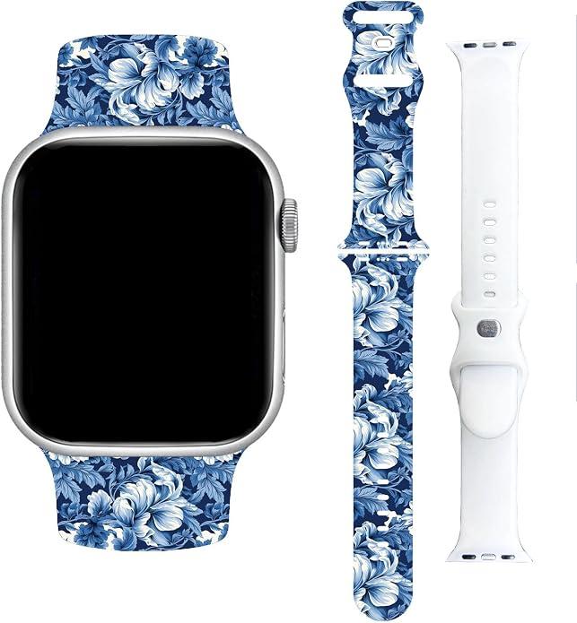 Baxilul Blue & White Floral Sport Band Compatible with Apple Watch 38mm 40mm 41mm, Vintage Botanical Flower Soft Silicone Replacement Strap for iWatch Series 9 8 7 6 5 4 3 2 1 SE