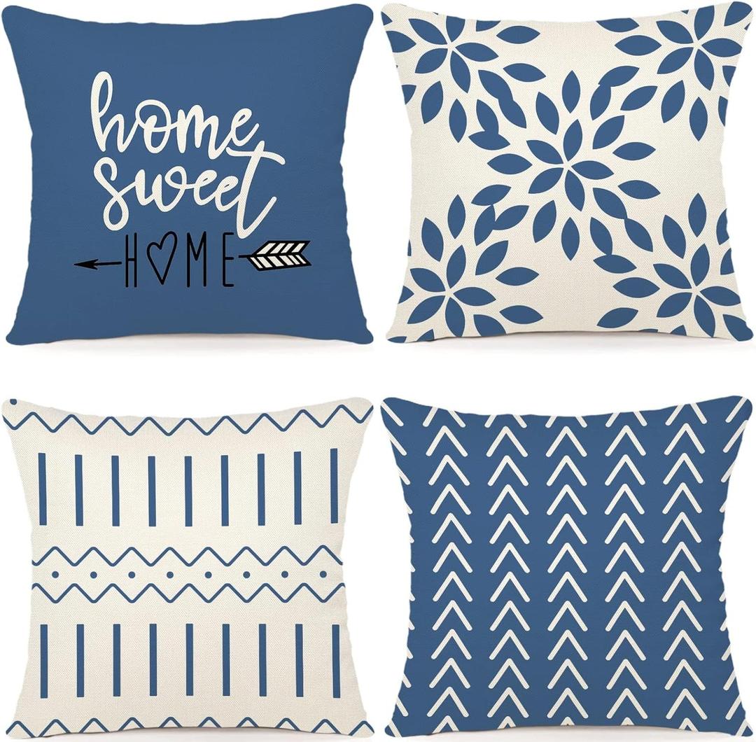 YCOLL Pillow Covers 18x18 Set of 4, Modern Sofa Throw Pillow Cover, Decorative Outdoor Linen Fabric Pillow Case for Couch Bed CarLight Blue