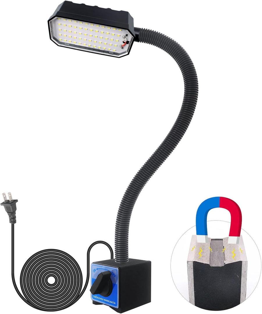 Magnetic Work Light, 2000 Lumens Led Machine Light with Strong Magnetic Base, 20 inch Flexible Magnetic Lamp for Garage, Workshop, Bandsaw, Lathe and Drill Press, 120V, Black (WJT-9008MWL-500)