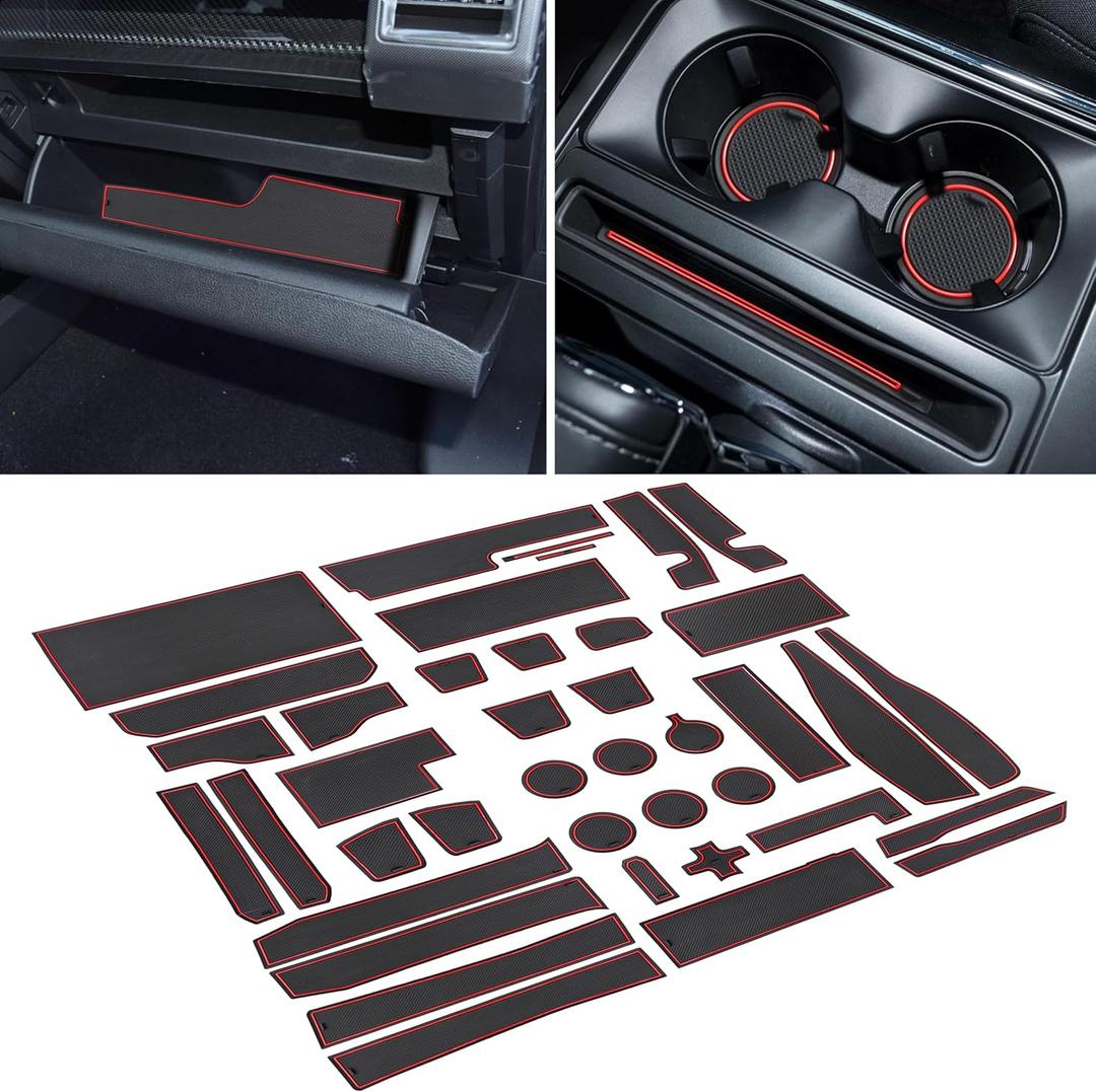 SENSHINE for Ford F150 Accessories 2021 2022 2023 2024 2025 Non-Slip Cup Holder Insert Center Console Shifter Liner Trim Door Packet Mats Custom Interior 40-pc Set (Bucket SuperCrew)(Red Trim)