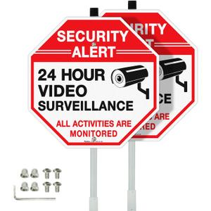 Faittoo Security Sign Video Surveillance Sign with 36" Stake for Outside, 2-Pack 12"x12" Rust Free Heavy Aluminum, Reflective, Fade Resistant, 2 pre-drilled holes, Includes Matching Screws & Wrench,