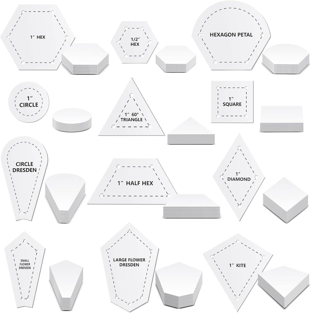 Cinnvoice 612 Pcs Patchwork Paper EPP English Piecing Supplies 12 Shapes Acrylic Templates with 600 Paper Piecing for Sewing Dresden Plate Triangle Hexagon Quilting Template(Classic 1,Clear)