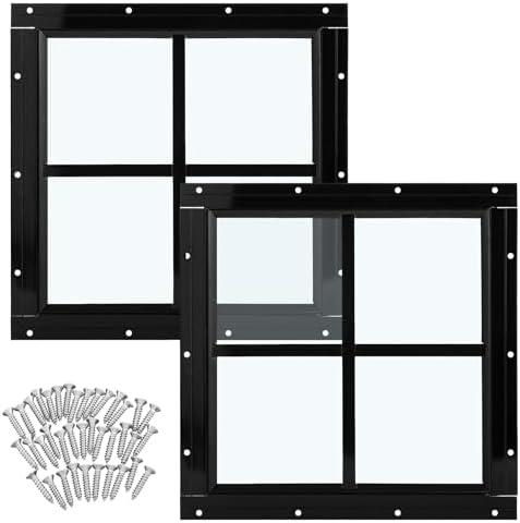 Tandefio 2 Pack 12'' x 12'' Black Flush Mount Shed Window with Tempered Glass Household Windows with Screws for Chicken Coop Sheds Barns Playhouse