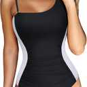RXRXCOCO Women Slimming Tummy Control One Piece Swimsuits V Neck Crisscross Back Bathing Suit (Large, Black and White)