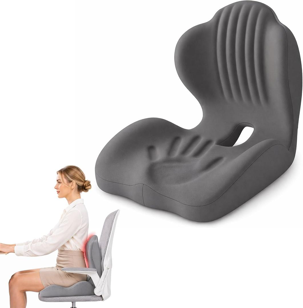 Pain Relief Ergonomic Seat Cushion with Lumbar Support, Memory Foam, L-Shaped, for Office Chair, Car Seat, Gaming Chair (Grey), Large