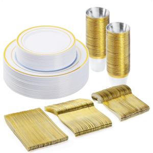 150PCS Plastic Dinnerware Set (25 Guests), Gold Disposable Plates for Party, Wedding, Christmas, Anniversary, Includes: Dinner Plates, Dessert Plates, Cups, Spoons, Forks and Knives