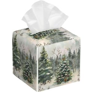 Winter Christmas Tree Tissue Box Cover Square Leather Tissue Case Holder Facial Paper Organizer Decorative for Tabletop Night Stands Desk Bathroom Kitchen Car Office Home Decor