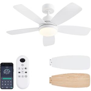Ceiling Fans with Lights, 42 Inch Low Profile Ceiling Fan with Lights and Remote Control, LED Dimmable DC Reversible, 8 Speed, Noiseless, Modern White Ceiling Fan for Bedroom, Indoor/Outdoor Use