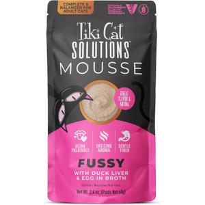 Tiki Cat Solutions Fussy Mousse, Duck Liver & Egg, Specially Formulated to Support Healthy Digestion, Functional Wet Cat for Adult Cats, 2.4 oz. Pouch (12 Count), Best By: 02/26/2027 Tiki Cat Solutions Fussy Mousse, Duck Liver & Egg, Specially Formulated to Support Healthy Digestion, Functional Wet Cat for Adult Cats, 2.4 oz. Pouch (12 Count), Best By: 02/26/2027