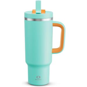 40 oz Tumbler with Handle and Straw: Stainless Steel Insulated Tumbler Keeps Cold for 24 Hours, Leakproof Travel Cup Fits in Cup Holder and BPA-Free, Soft Cyan
