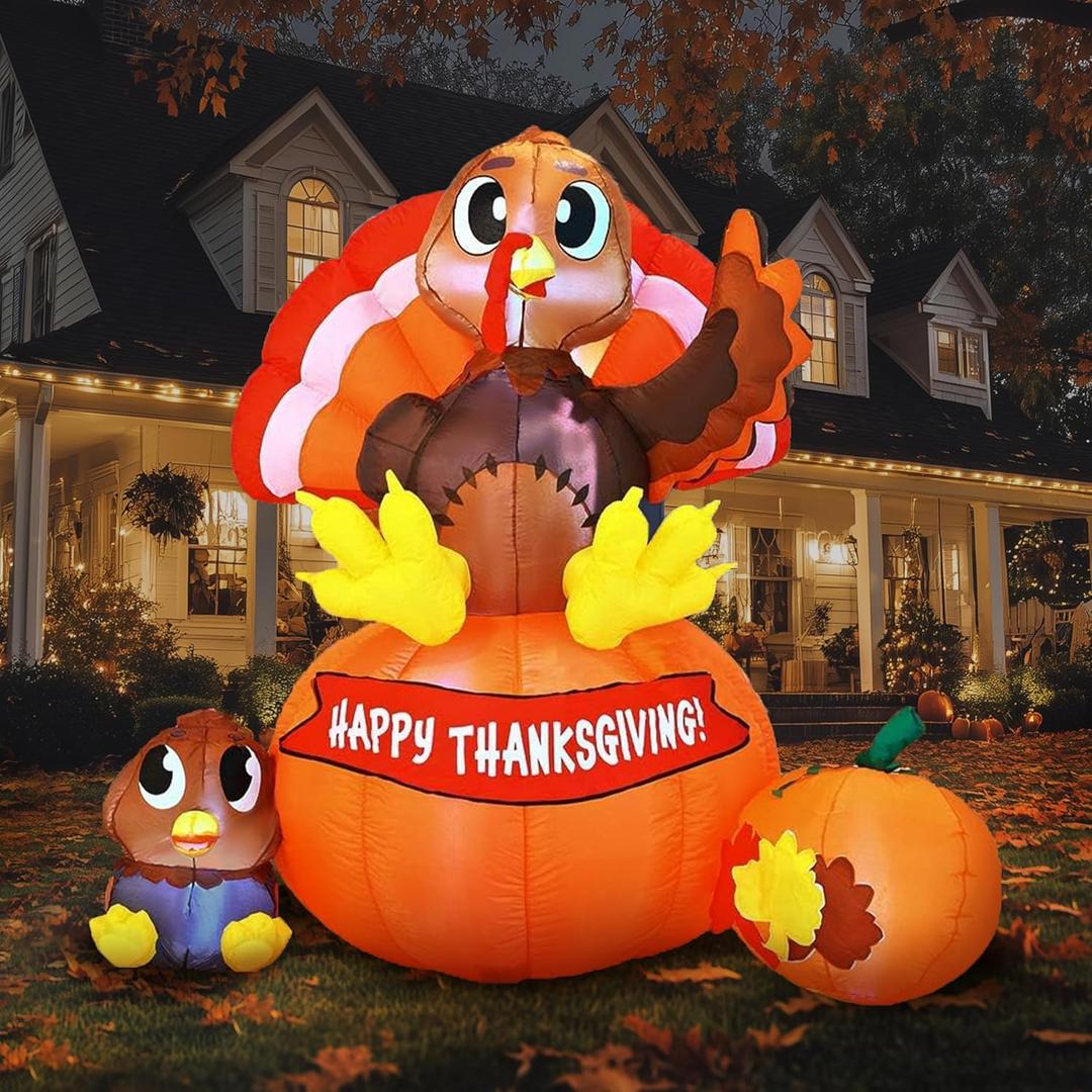 Joiedomi 6 ft Thanksgiving Inflatable Turkey on Pumpkin Decoration, LED Light Up Blow Up Turkey for Autumn Thanksgiving Family Party Dcor, Halloween Inflatable for Yard Garden