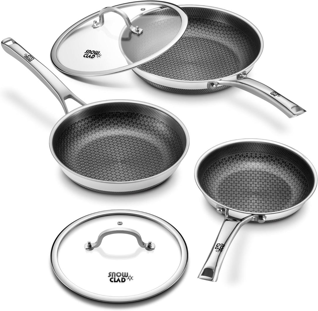 Non Stick Frying Pans with 2 Lids, 8+10+12 inch, Hybrid Frying Pans Set Nonstick,Skillets Stainless Steel Fajita, Dishwasher & Oven-Safe, Induction Compatible Cooking Pan, PFOA Free Cookware