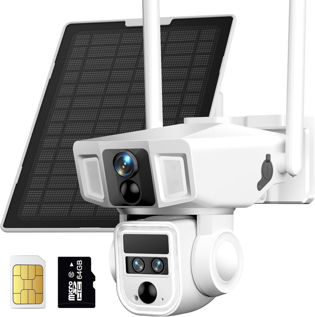 4G Cellular Security Camera, 4K Wireless Outdoor Solar Cam 3 Lens, LTE or WiFi 2 Mode, 10x Optical Zoom, 360 PTZ AI Tracking, Local Storage & 64G SD Card Included, 12000mAh 9W Bullet-PTZ Cam (white)