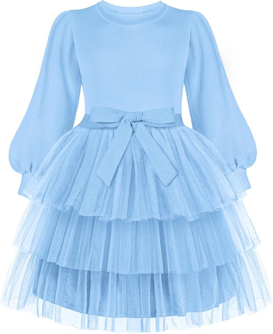 Arshiner Toddler Dress Little Girls Tutu Fall Winter Puff Long Sleeve Princess Party Tulle Dresses (Blue)