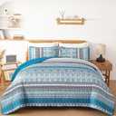 WONGS BEDDING Boho Quilt Set Queen Size, Teal Blue Bohemian 3 Pieces Quilt Sets, Lightweight Bedspread Coverlet Bedding Set for All Season (96"x90")