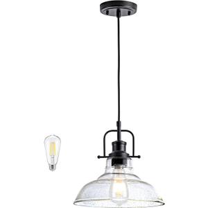 Black Industrial Pendant Light Farmhouse 1-Light with Adjustable Cord, Seeded Glass Shade,Rectangle Cute Hanging Lights for Hallway, Kitchen Island, Dinning Room