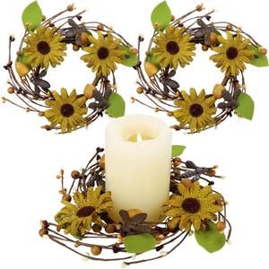 2 Pcs Retro Sunflower Spring Candle Wreaths 6 Inch Candle Rings with Iron Bee Honeycomb Pip & Leaf Pillar Candle Wreaths for Holiday Kitchen Home Table Centerpiece Indoor Outdoor Display