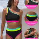 popvil Women's One Shoulder Swimsuit : Neon 2 Piece High Waisted Bikini Sets Cute 2026 Color Block Bathing Suit (S)