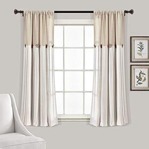 Lush Decor Linen Button Window Curtain Panel, Single, 40" W x 45" L, Linen - Country Curtains - Rustic Decor - Color Block Modern Farmhouse Curtains For Living Room, Bedroom & Dining Room