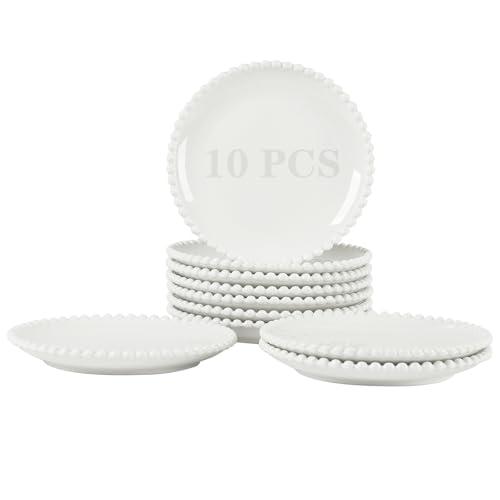OMAYKEY 7.5 Inch Ceramic Dessert Plates Set of 10, White Appetizer Plates, Porcelain Round Shaped Salad Plate, for Cake Waffles Snacks Side Dish, Small Dinner Plates, Oven Microwave Dishwasher Safe