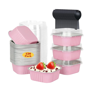 LOKQING 50 Pack Mini Cake Pans with Lids and Spoons Small Aluminum Foil Pans Square Baking Cups Disposable Ramekins Cupcake Liners for Brownie Pie (Pink, 10 oz)