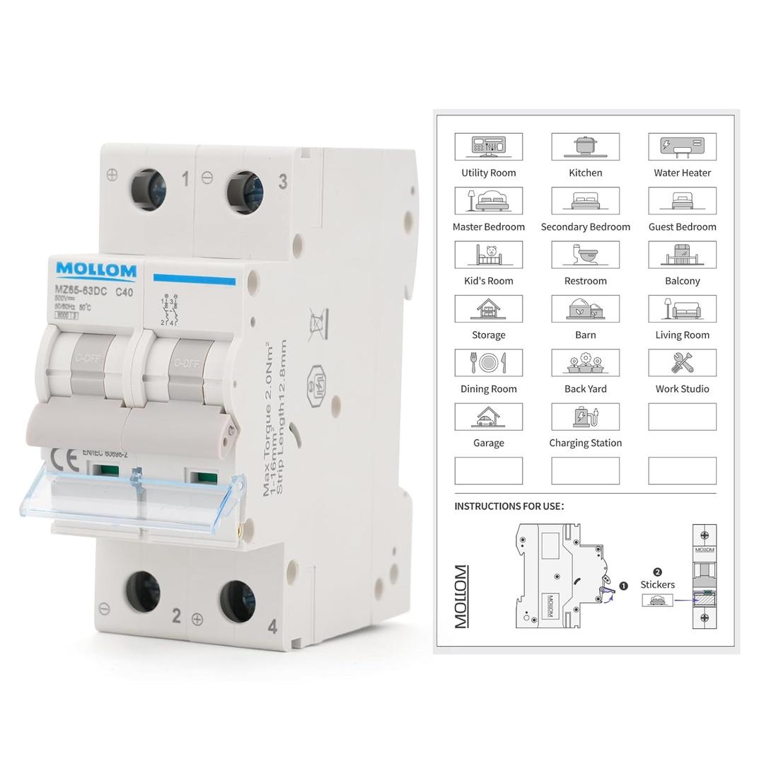 MOLLOM DC 2 Pole Miniature Circuit Breaker, 500V 40Amps, C40 Scene Visualization Custom MCB Thermal Magnetic Trip, 6KA Breaking Capacity DC Disconnect Switch for Solar PV System