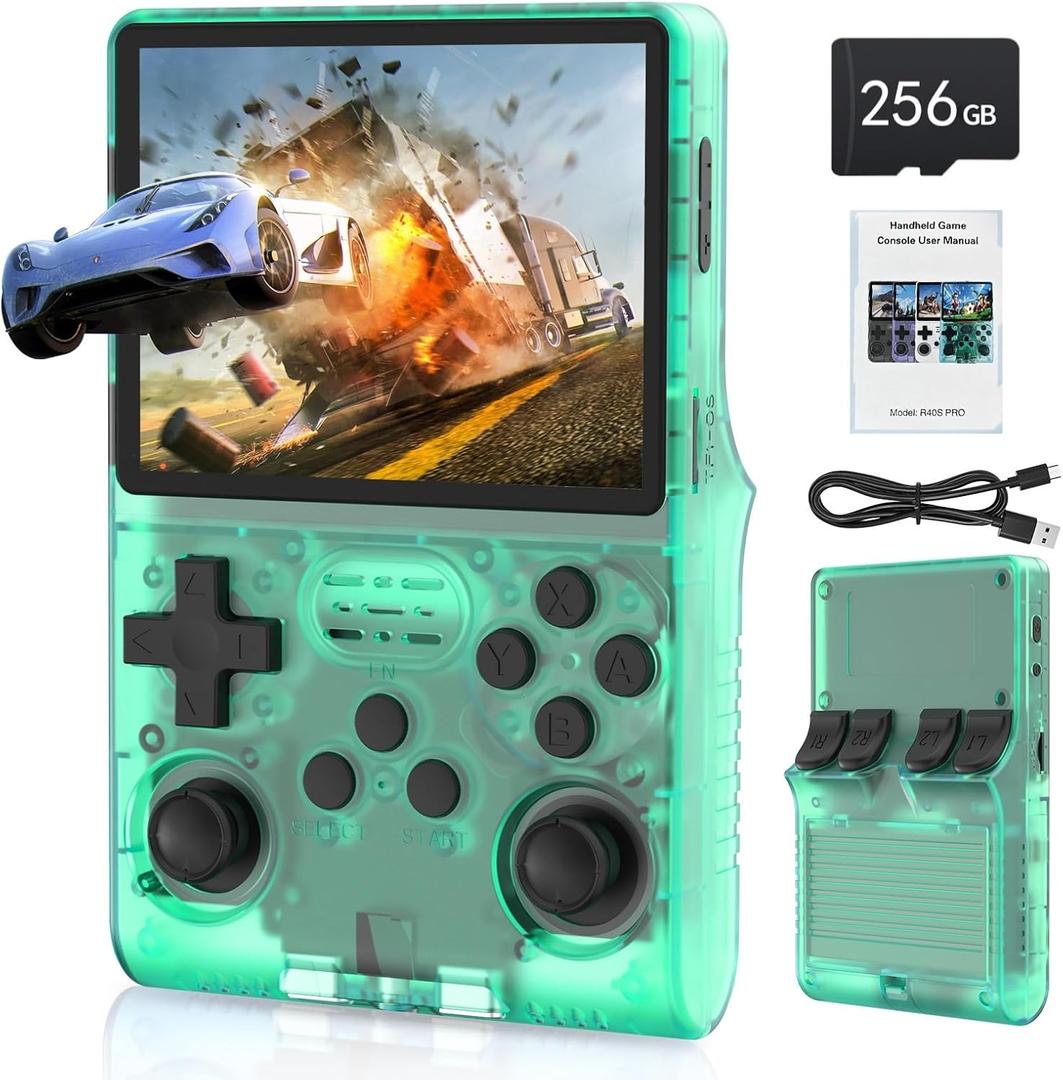 30000 in 1, R40S Pro Retro Handheld Game Console, Video Game Console, 3.5 inch IPS Screen, More Than 20 Emulator, 256G TF Card (Green)