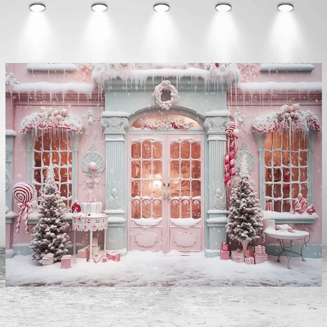 10x8ft Pink Christmas Backdrop Snow Scene Xmas Trees Candy Cane Photography Background Merry Christmas Party Banner Decorations Women Girls Portraits Photo Studio Props