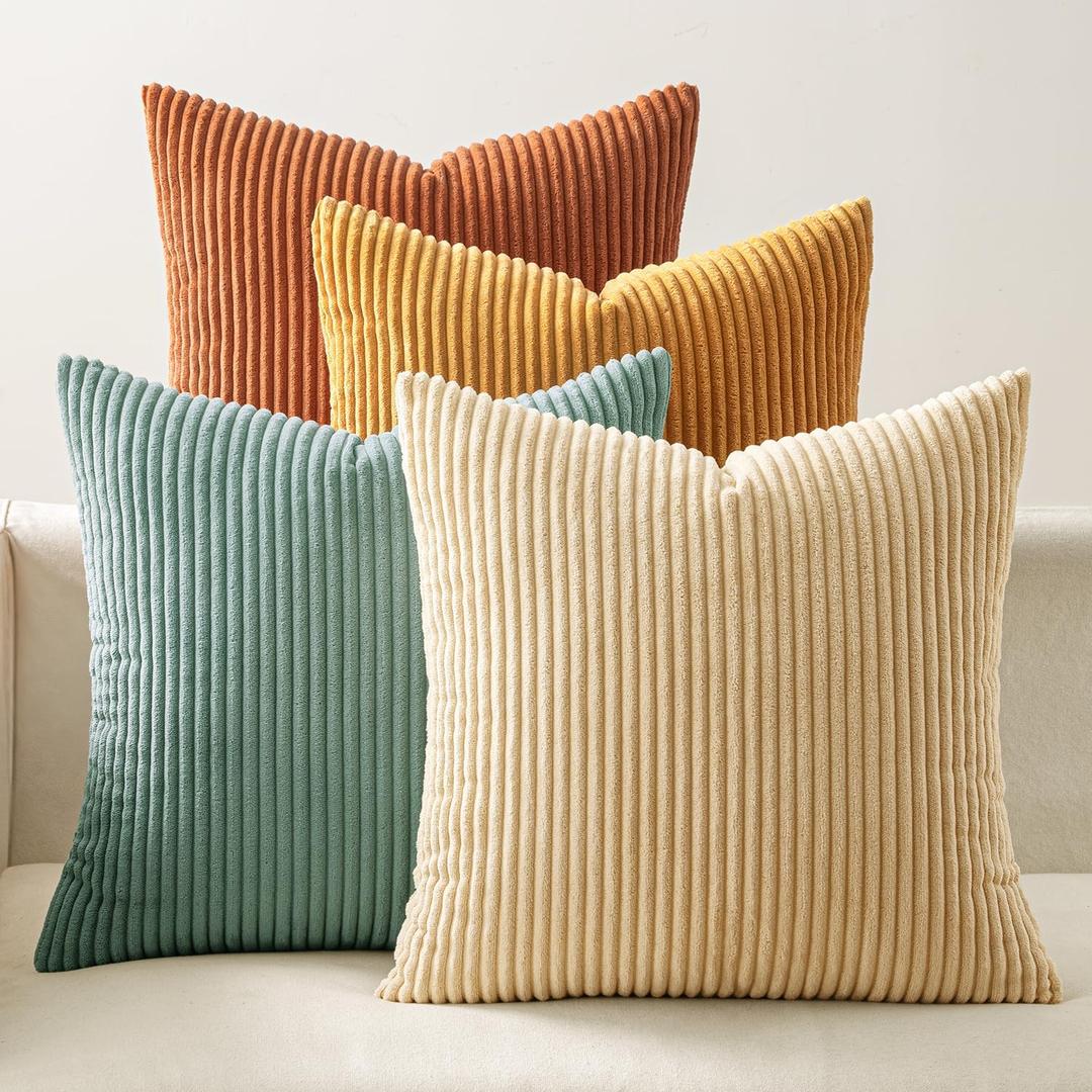 EMEMA Teal Orange Decorative Throw Pillow Covers 24x24 Inch Set of 4 Boho Farmhouse Corduroy Striped Square Pillow Case,Western Modern Cushion Covers for Couch Bed Livingroom Spring Home Decor