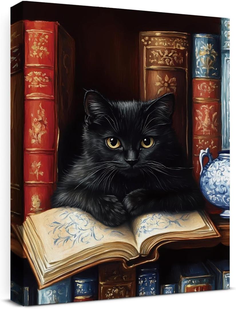 Vintage Cat Books Canvas Wall Art Bookshelf Cat Print Poster Framed Picture Painting for Home Reading Room Library Wall Decor 11x15 Inch (15L" x 11W")