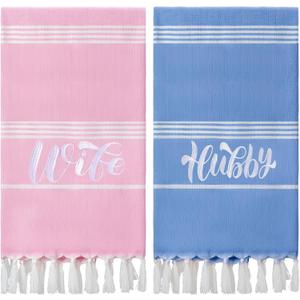 Preboun 2 Pcs Hubby and Wife Turkish Hand Towels Wedding Embroidery Bathroom Hand Towels Decorative Stripe Turkish Honeymoon Newlywed Couple Wedding Gift 71 * 39 inch(Blue, Pink)