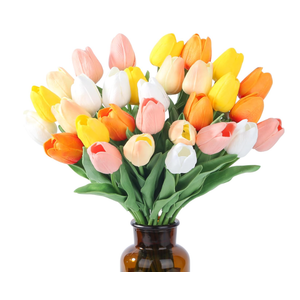 40pcs Fake Flowers Tulips Artificial PU Flower 15pcs Real Touch 14" for Spring Easter Home Kitchen Wedding Bouquet Bulk Mother's Gift Day Decorations(Multicolor, White, Sunset Red/Orange, Yellow)