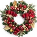 Valery Madelyn 24'' Pre-Lit Christmas Wreath for Front Door with Light, Collapsible Lighted Outdoor Christmas Wreath with Red Gold Xmas Balls for Home Porch Fireplace Window Holiday Wall Decor