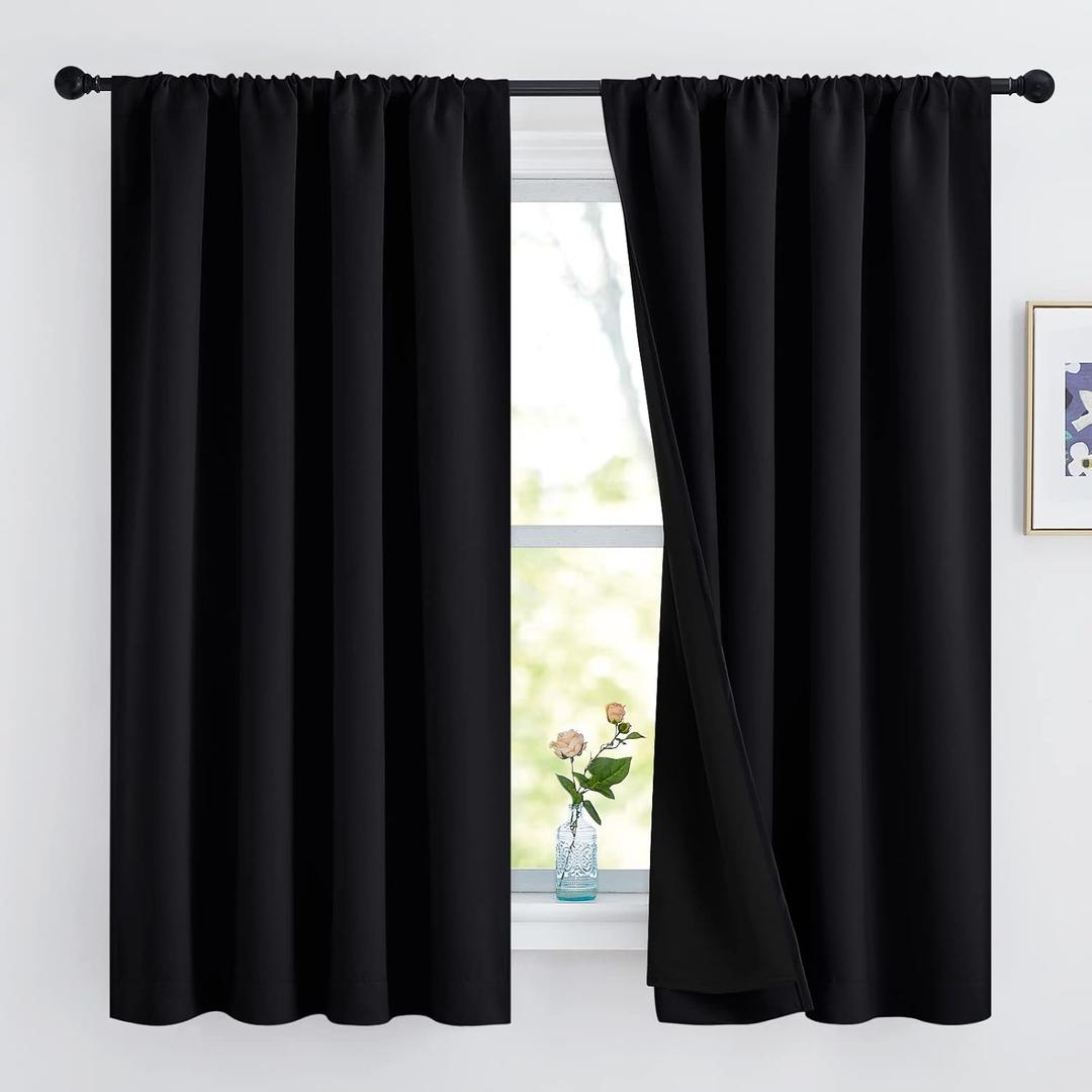 NICETOWN Complete 100% Blackout Curtains, Thermal Insulated & Energy Efficiency Window Draperies with Black Liner, Noise Reducing Drapes for Kids (Black, 52 inches W by 63 inches L, Double Panels)
