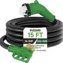 RVGUARD 50 Amp 15 Foot RV Power Cord with 135 Degree, 14-50P to SS2-50R Generator Extension Cord, Heavy Duty STW Cord with LED Power Indicator, Green, ETL Listed