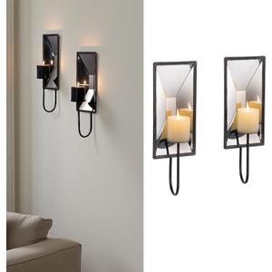 AIM & GGKK Wall Candle Sconce Holder Set of 2, Metal Mirror Candle Sconce Wall Mounted with Reflective Backplate  Rustic Farmhouse Modern Decor for Living Room, Dining Room, Hallway