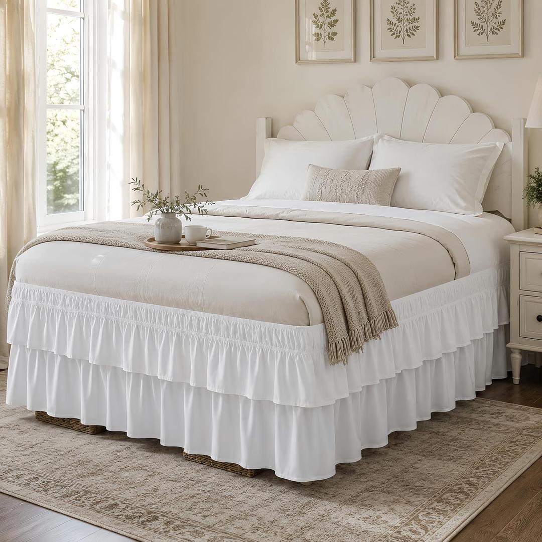 RIMELA Ruffle Bed Skirt White King 16 Inch Drop, Elastic Wrap Around Bed Skirts King Size, Easy to Install Dust Ruffle, Machine Washable Soft Fabric, Multi Ruffle Bedskirt, King/CalKing-16" Drop