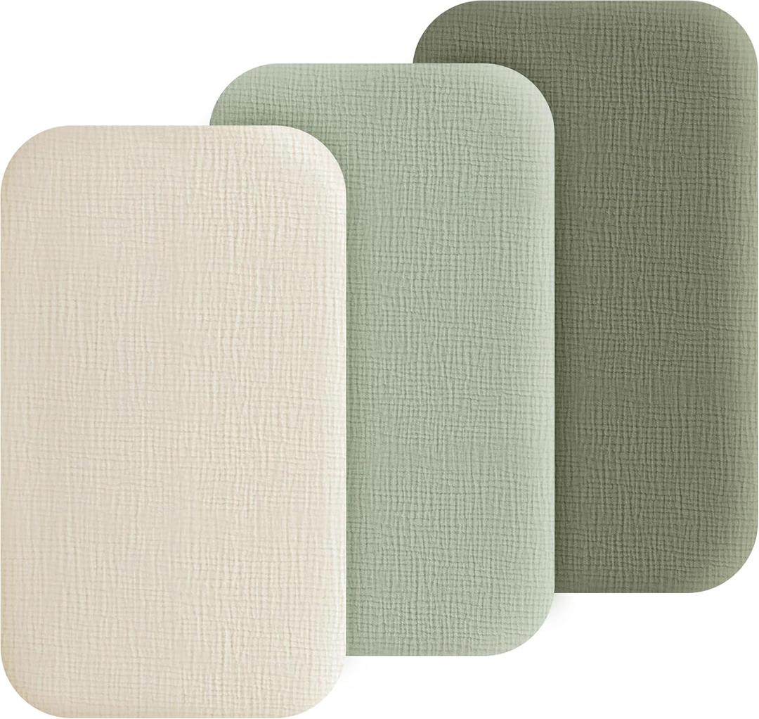 Muslin Bedside Sleeper Bassinet Fitted Sheets, 3 Pack Cotton Baby Sheet for Boys & Girls, Soft, Compatible with Baby Delight, Dream On Me, AMKE and Other Rectangle Mattress (Pistachio)