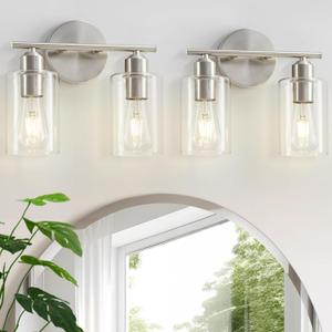 Bathroom Light Fixtures, 2-Light Brushed Nickel Vanity Lights for Bathroom, Modern Bathroom Lighting Fixtures Over Mirror with Clear Glass Shade, Wall Sconce Lighting for Hallway - 2Pack