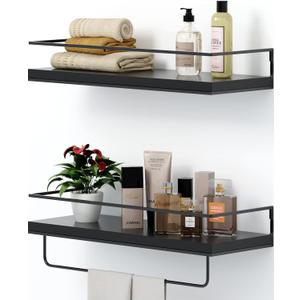 SHARIO Black Wood Floating Shelves - Set of 2, Wall Mounted Hanging Shelves with Black Towel Rack, Decorative Storage Shelves for Bathroom, Kitchen, Living Room & Bedroom