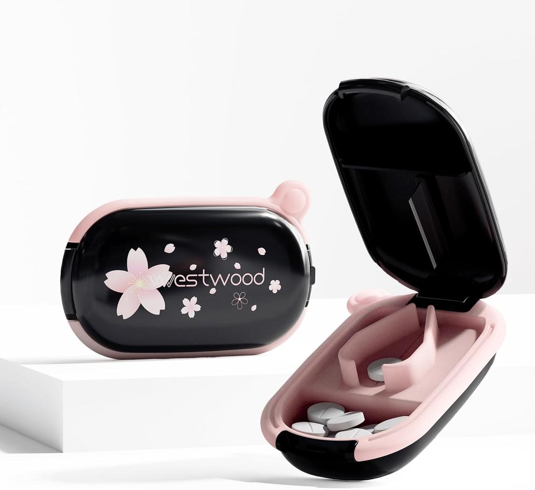 Black Precision Pill Cutter with Centering Guide - Safety Shield for Tiny & Small Pills, Vitamins, Tablets | Portable Travel Pill Splitter & Crusher | Fits Purse/Pocket