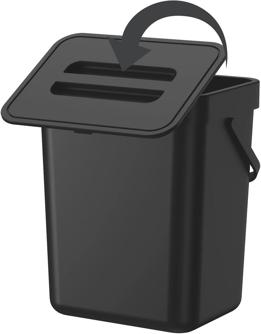 Compost Bin Kitchen, for use on Countertops or Under Sinks, Hanging TrashCan with Lid, for Cupboard/Bathroom/Bedroom/Office/Camping, Mountable Indoor CompostBucket(Black 0.8 Gallon/3L)