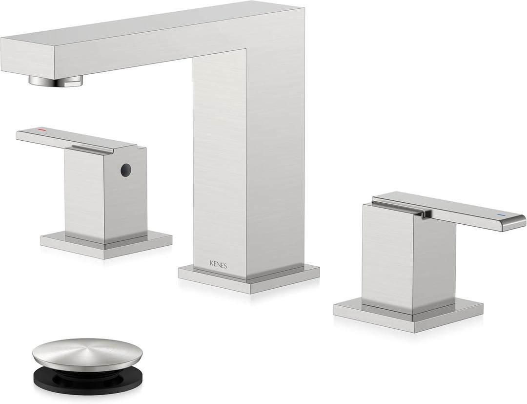 KENES Brushed Nickel Widespread Bathroom Faucet 2 Handle Bathroom Sink Faucet 3 Hole, 8-Inch 3 Pieces Vanity Faucet with Pop Up Drain & Supply Lines, KE-9050-P