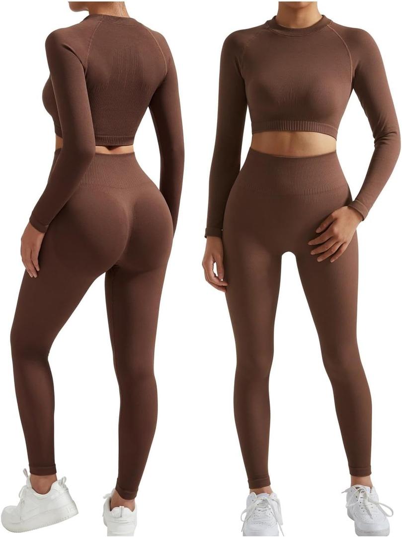 RXRXCOCO Seamless Workout Sets for Women 2 Piece Hidden Scrunch Butt Lifting Leggings Raglan Sleeves Crop Tops Matching, M