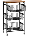 4-Tier Small Kitchen Storage Cart on Wheels, Metal Fruit Basket Stand with Pull-Out Baskets & Wood Top for Potato Onion Produce Snack Veggies
