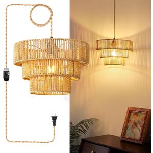 Plug-in Pendant Light Bohemian-Style Rattan Adjustable Dimmer Bamboo Wicker Lampshade Ceiling Fixture Plug-in Power Cord, Suitable for Living Rooms, bedrooms, and Kitchens