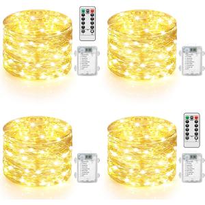 4 Pack 100 LED Fairy Lights Battery Operated with Timer & Remote, 33FT Waterproof Twinkle Lights Indoor Outdoor, Fairy String lights for Bedroom Classroom DIY Wedding Christmas Decorations, Warm White