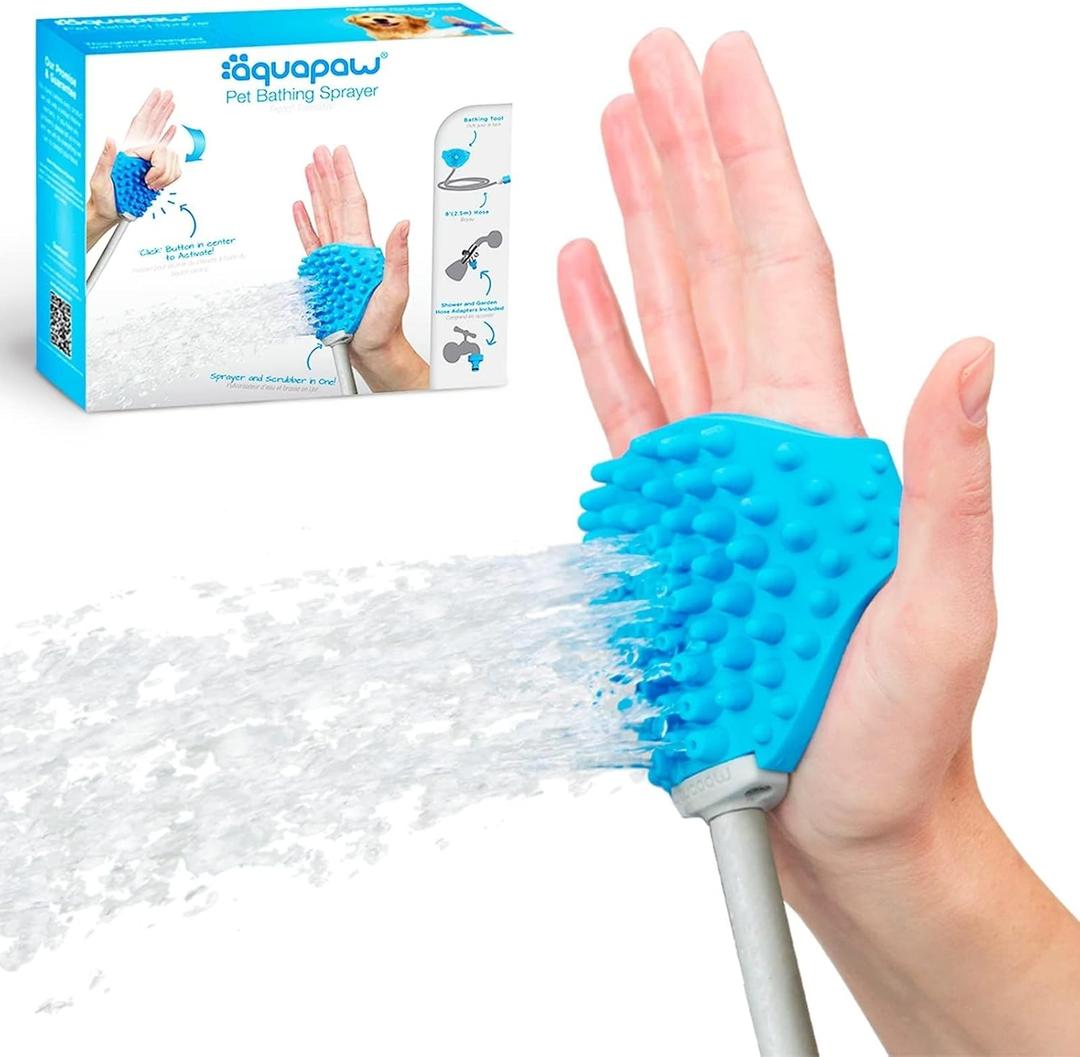 Aquapaw Pet Bathing Tool  Sprayer and Scrubber in One  Compatible with Indoor Shower or Outdoor Garden Hose  For Dog and Cat Grooming  Garden Hose and Shower Adapters Included