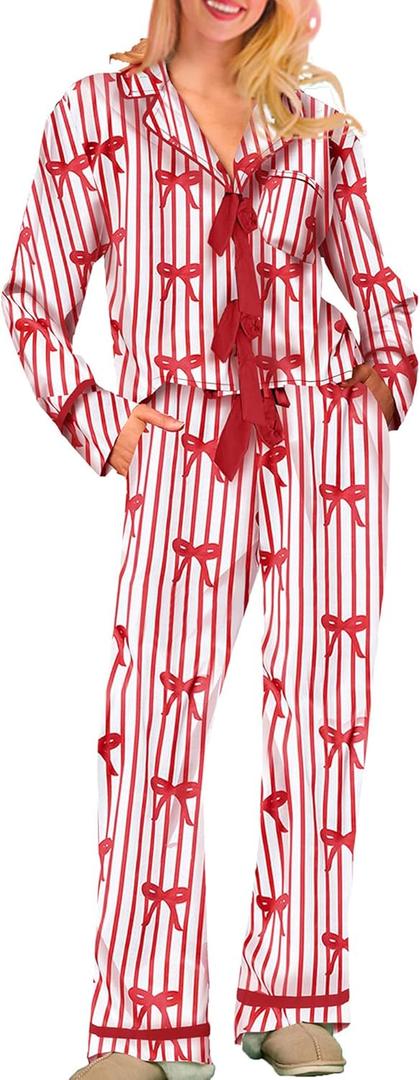 Bow Pajamas Set for Women Cute Bow Tie Long Sleeve Shirt Pants Satin Silk Heart 2 Piece Pjs Set Sleepwear (Small)